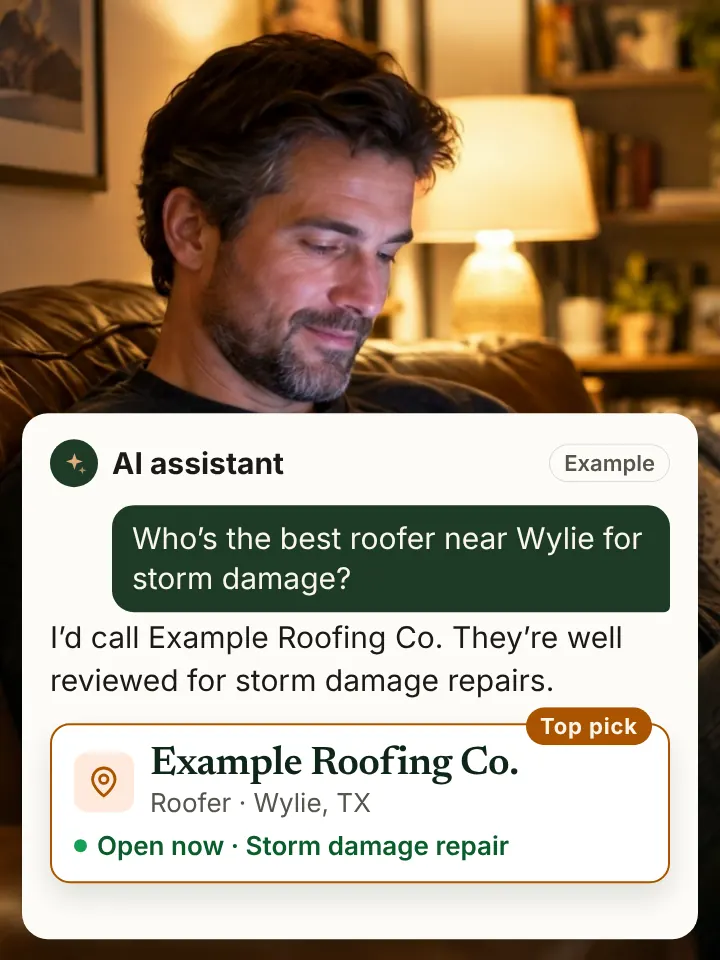 Example of a customer asking an AI assistant who to hire and getting a local roofer recommended