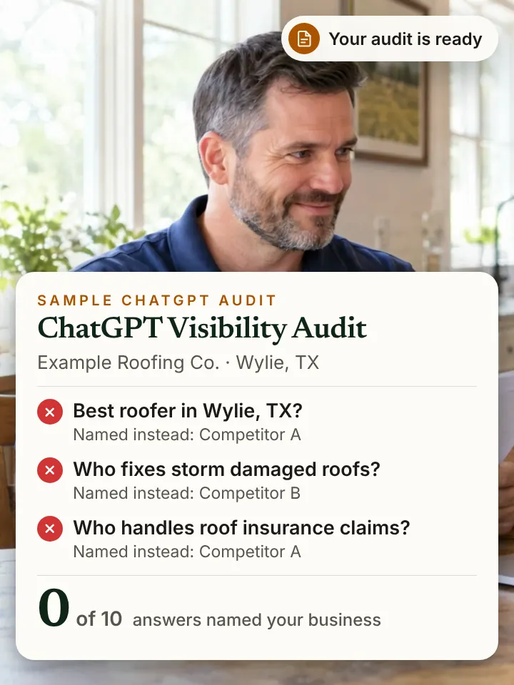 Sample ChatGPT visibility audit for an example roofing company
